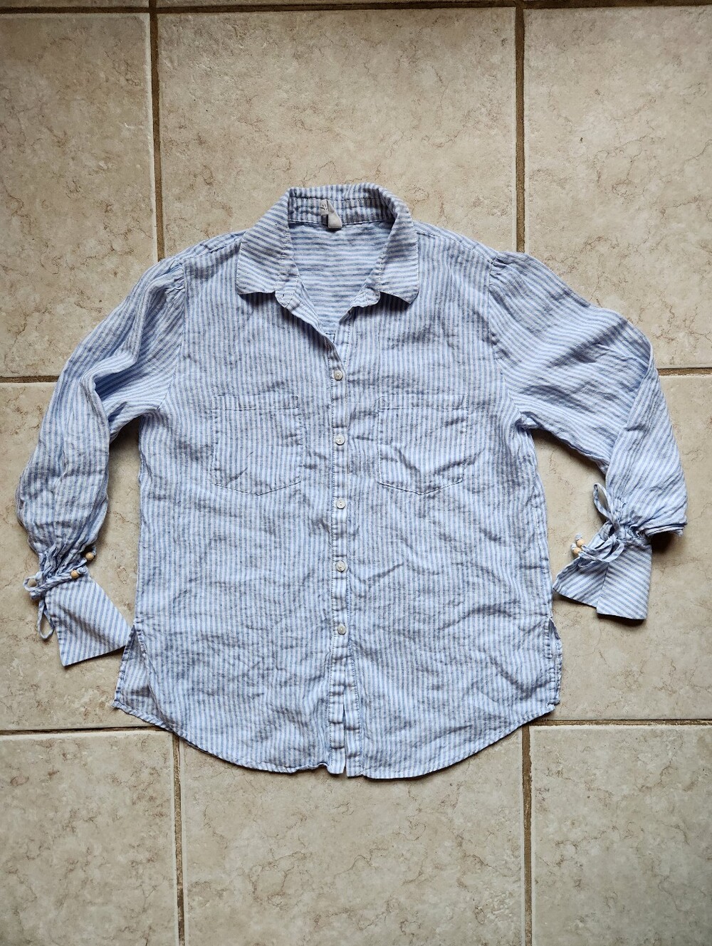 Kivari Blue White Striped 100% Linen Tie Cuff Button Down Shirt Size 4 Small